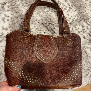 Montana West Brown Tooled & Studded Hang bag, purse, Shoulder Bag